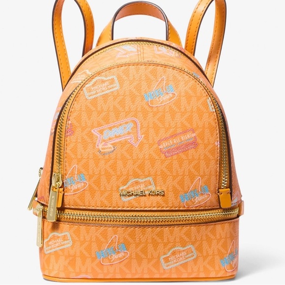 Michael Kors Rhea Extra-Small Printed Signature Logo Backpack Pop Orange Multi - Picture 1 of 9